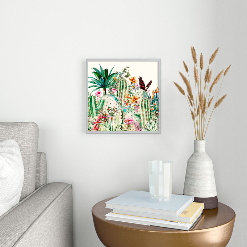 Blooming in the Cactus - Peinture sur verre encadrée, H 20 po x l 20 po x P 1 po, Argent