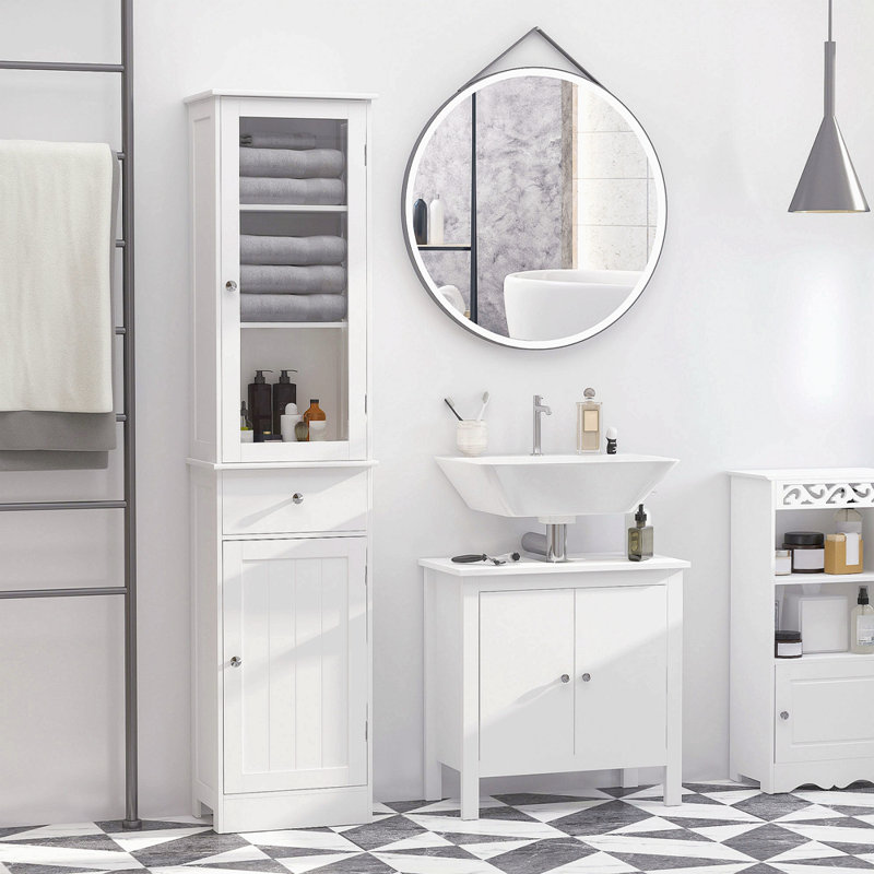 Armoire de rangement mince, armoire de salle de bain haute, tour de lin étroite avec porte en acrylique, tiroir et tablettes