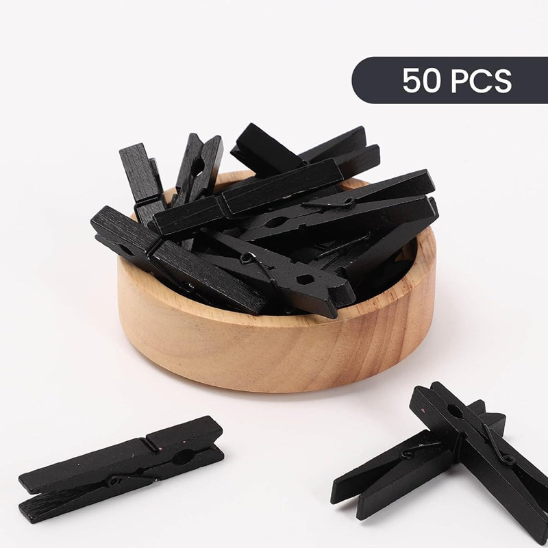 Paquet de 50 pinces à linge en bois noir, pinces décoratives de 2,9 pouces pour photos, artisanat et présentoirs