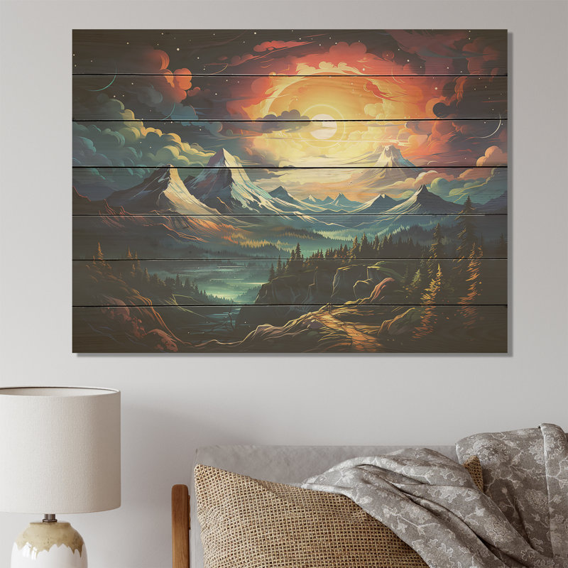 «Dreamy Mountain Scenery At Night II», paysage d'hiver sur bois, H 24 po x l 32 po x P 0,78 po