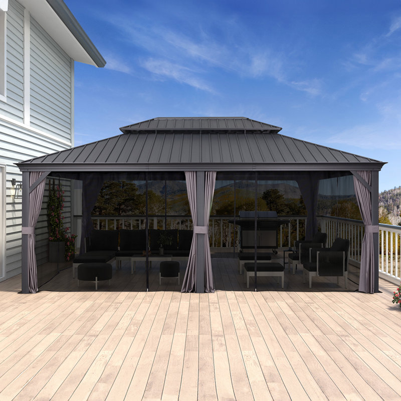 Pavillon de jardin permanent en aluminium 14 po x 20 po avec toit double en acier galvanisé pour terrasse et jardin, rideaux et filet inclus, gris