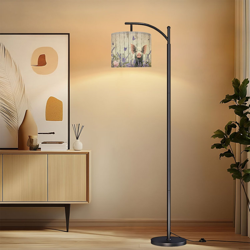Arc Floor Lamp with Adjustable Lampshade Farmhouse Pig Purple Lavender Floral Butterfly Western Rustic Piglet Standing Lamp 3 Color Temperatures Dimmable Tall Pole Lamp with Foot Switch for Bedroom