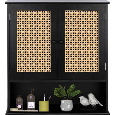Ahsiah Reettic Rattan Two Door Wall Cabinet, Wooden Medicine Cabinet, Wall Mounted Bathroom Storage Cabinet