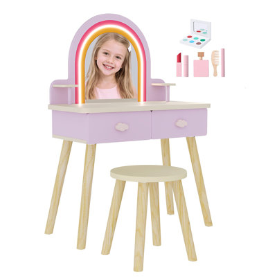 Kids Vanity Table with Mirror & Stool, Lighted Makeup Vanity with 3 Adjustable Lighting Modes, Large Storage Drawer, Dressing Table for Girls Ages 3–8, Bedroom & Playroom