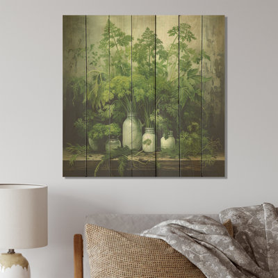 Herbs Pottery Delights IV - Floral Herbs On Wood Print