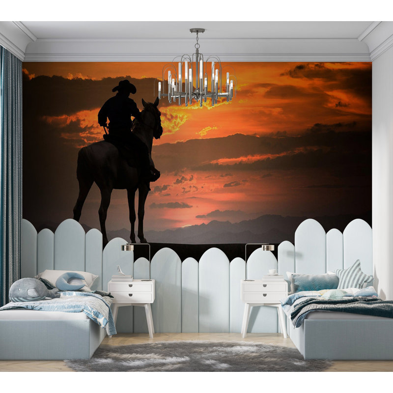Papier peint de qualité supérieure - Silhouette de cowboy au coucher du soleil, L 40 po x l 60 po