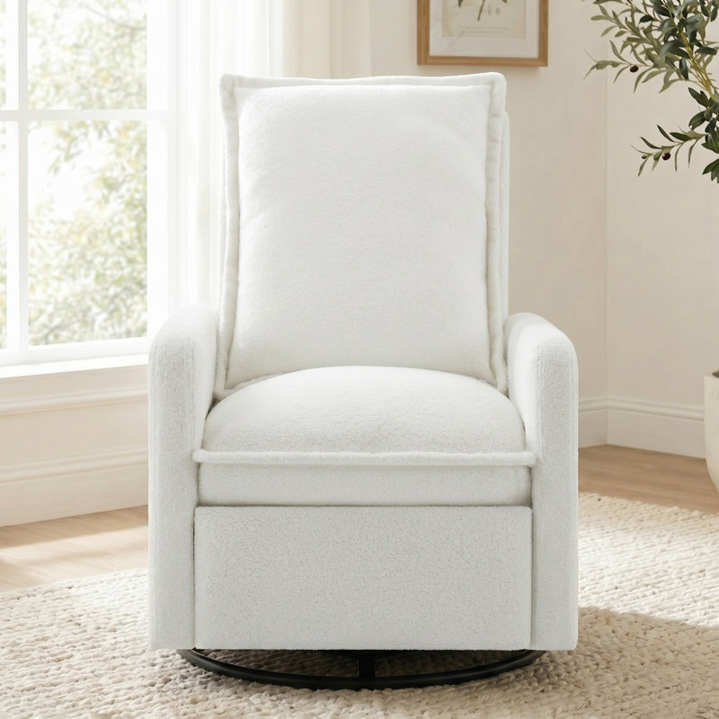 Swivel Rocker Recliner Chair With Manual Recline, Upholstered Glider Recliner For Nursery & Living Room, White Boucle