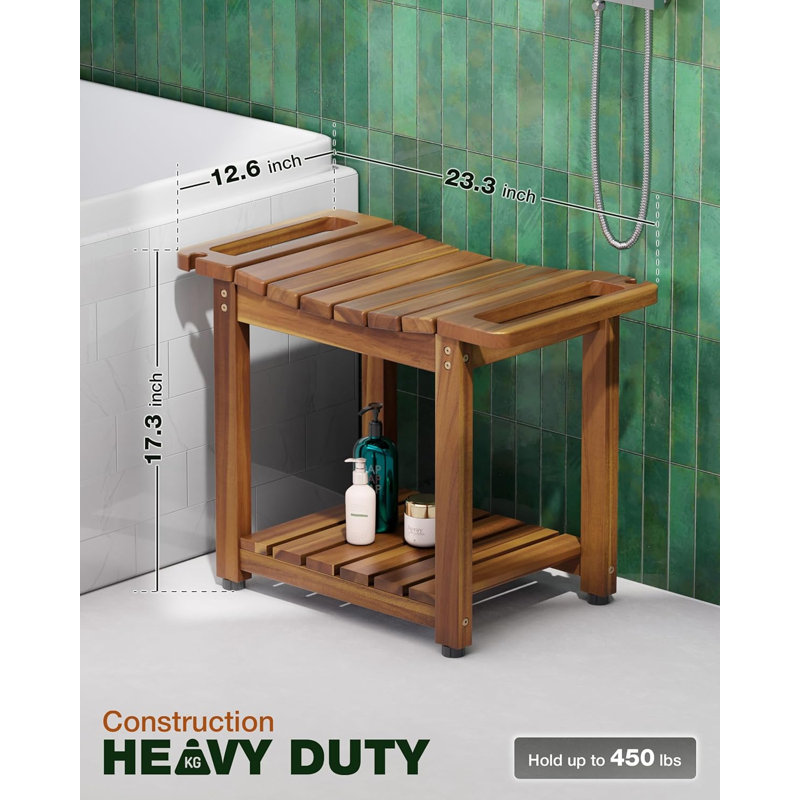Natural Wood Shower Benches For Inside Shower To Sit On, Waterproof Bathroom Spa Bench Stool For Legs Shaving With Built-In Handle & Shower Head Holder