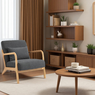 Chaise d'appoint Mid-Century moderne avec structure en bois, chaises de salon rembourrées avec coussin de taille, fauteuil de lecture pour véranda de chambre à coucher - gris