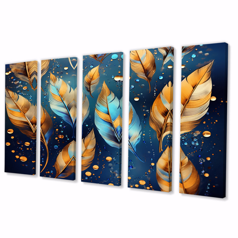 Boho Glam doré plumes sur bleu cosmique I - art mural sur toile de plumes - 5 panneaux égaux
