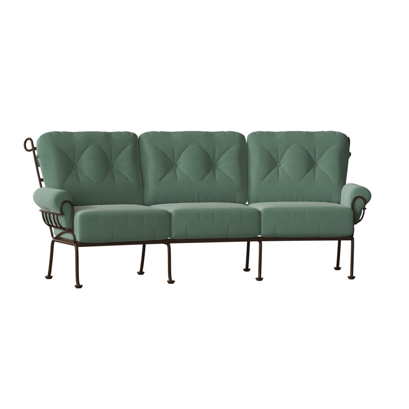 Terrace 114'' Wide Iron Patio Sofa with Cushions, Chestnut Brown, Fairview Indigo Abstract Sunbrella®