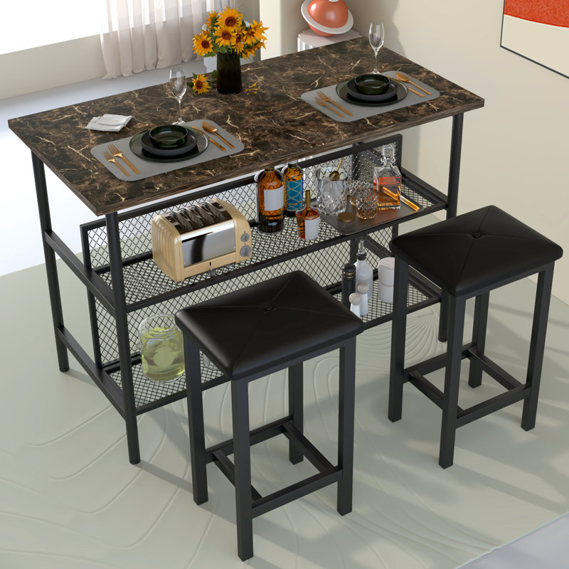 White Faux Marble 3-Piece Pub Dining Set with Storage Shelves