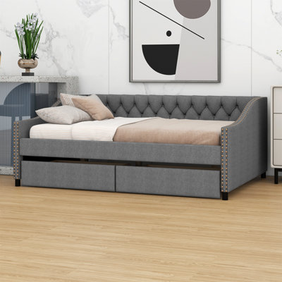 Upholstered Daybed With Two Drawers,Wood Slat Support