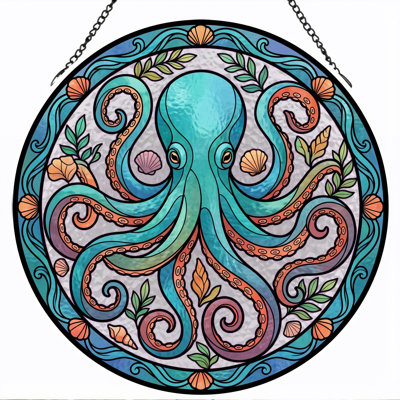 Octopus Design Stained Glass Window Panel，7.8H