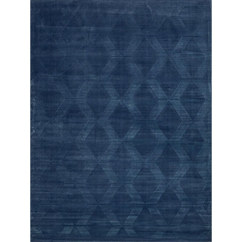 Brunello Modern Handmade Silky Nylon Navy Area Rug, Rectangle 8' x 10'