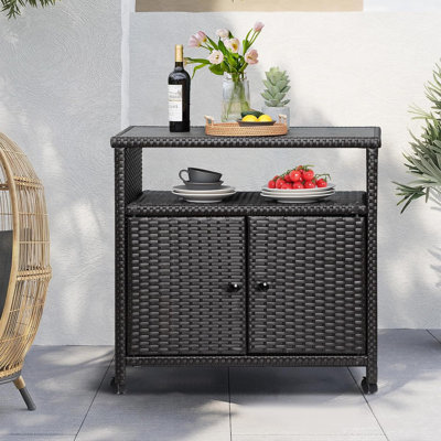 Outdoor Wicker Storage Cabinet - Patio Bar Table With 2 Doors And Shelves, Rolling Wicker Weatherproof Buffet Cabinet For Outdoor & Indoor
