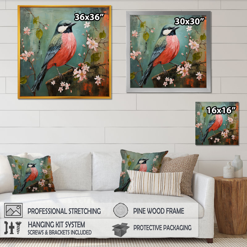 «Green and Pink Bird Floral Tree Harmony I», art mural oiseau, Cadre flottant doré, H 16 po x l 16 po