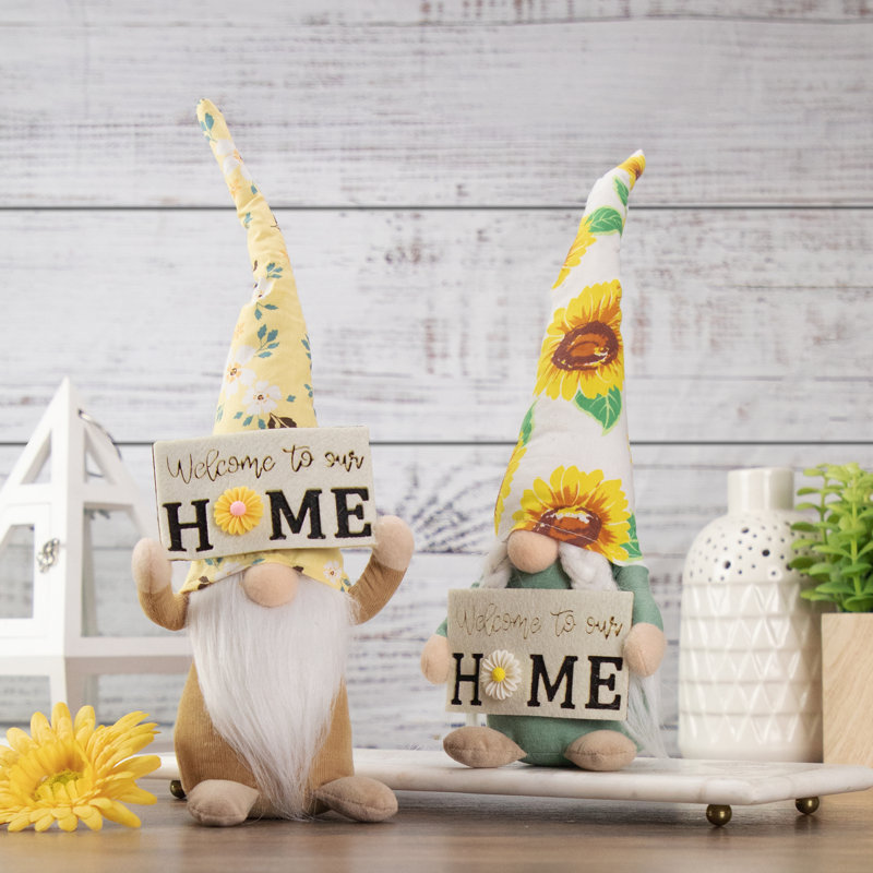 15.5" Spring Gnome Figurine with Sunflower Hat and Welcome Sign