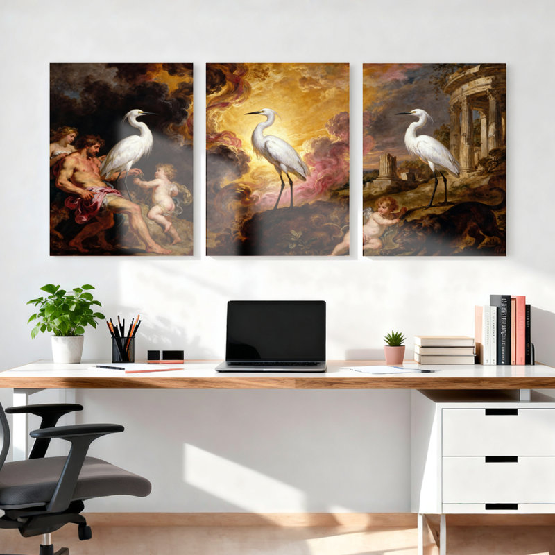 Ensemble de 3 tableaux sur toile tendue représentant une scène mythologique avec des hérons blancs et des personnages classiques
