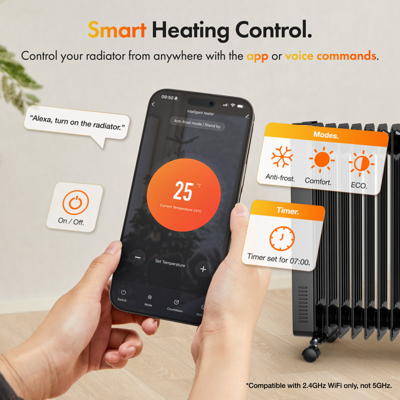 VonHaus 2500 Watt 8500 BTU Electric Radiator Space Heater with Adjustable Thermostat and with Digital Display