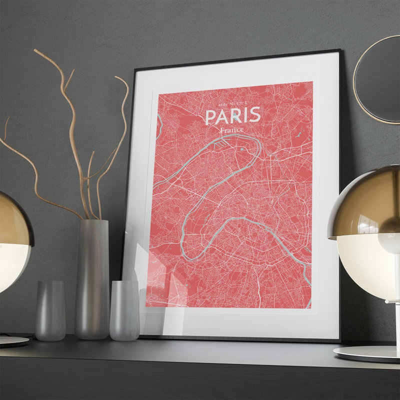 Carte de Paris, impression nautique, H 27,6 po x l 19,7 po x P 0,05 po, Rose / bleu pastel