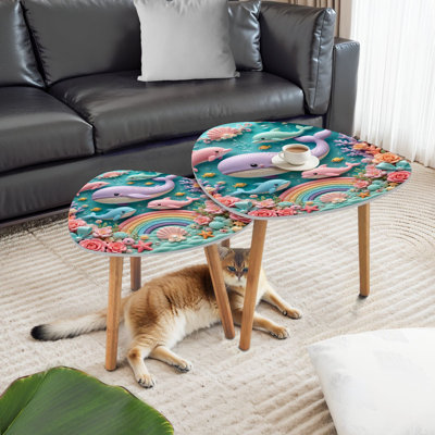 Triangle Nesting Coffee Table Set of 2 Pastel 3D Dolphin Whale Underwater Ocean Scene Coral Reef Rainbow Cute End Table Modern Minimalist Side Table Set for Living Room Bedroom