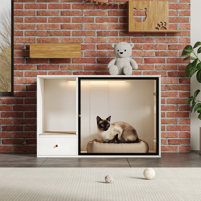 37'' White Cat Litter Box Enclosure, Hidden Indoor Litter Box Furniture With Glass Door and Light, Modern Wooden Kitty House Washroom Sideboard End Table For Large Cats