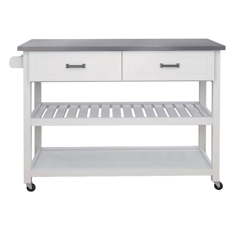 Chariot Kicthen blanc avec deux tiroirs et plateau en acier inoxydable