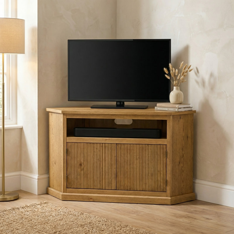 Oak Wood Fluted Door Corner Tv Stand, Light Oak