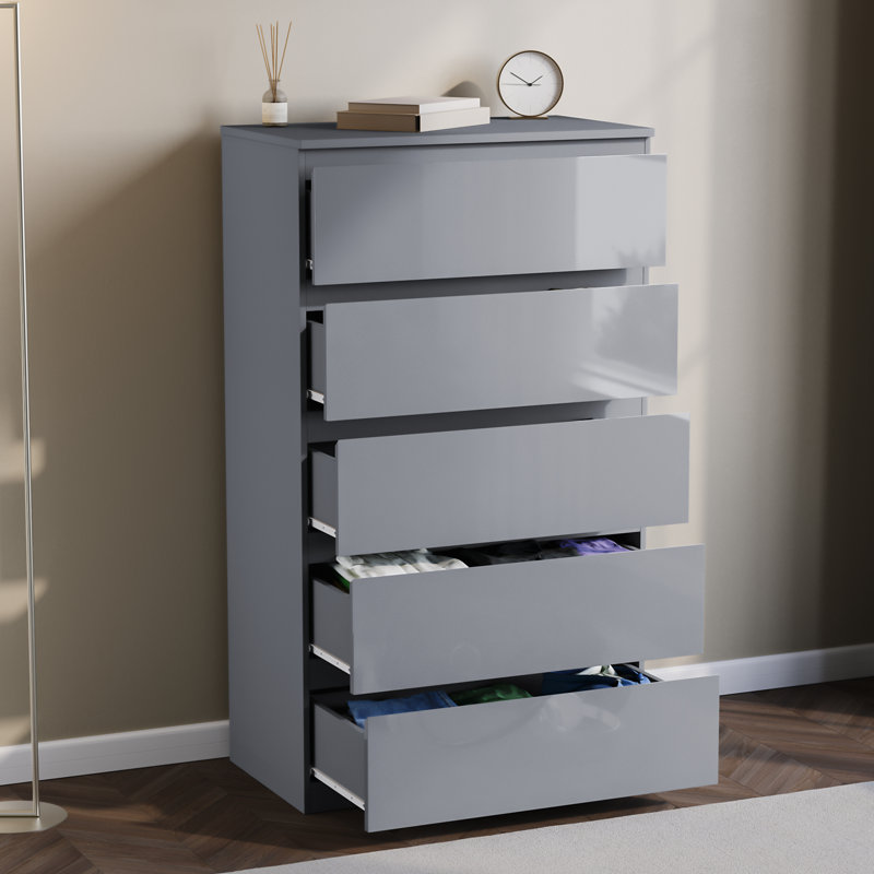 5 Drawer High Gloss Chest, (FSC 100%), Bedroom Home Storage Furniture, Grey