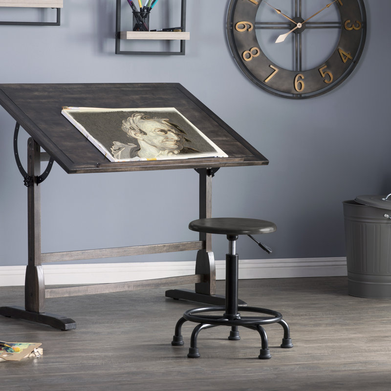 Craine Adjustable Height Industrial Stool with Footrest, Distresed Black