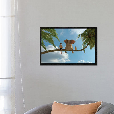 Child, Elephant And Dog Sit On A Palm Tree by Mike Kiev - Gallery-Wrapped Canvas Giclée on Canvas