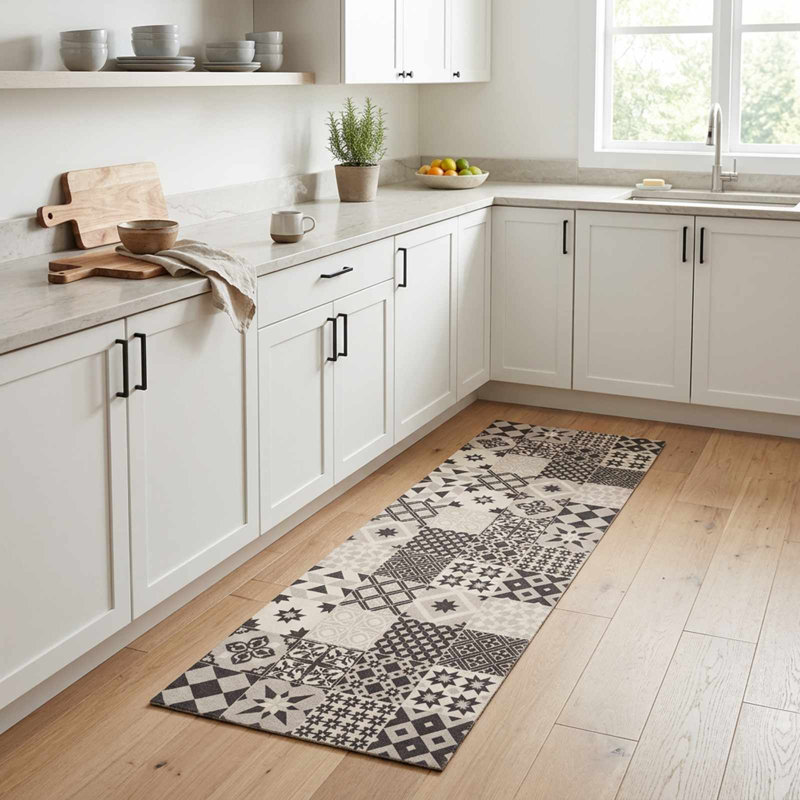 Kitchen Rug Anti Fatigue Mat Runner Rug Washable Floor Carpet Velvet, Grey Mosaic, Rectangle 150 cm H x 45 cm W