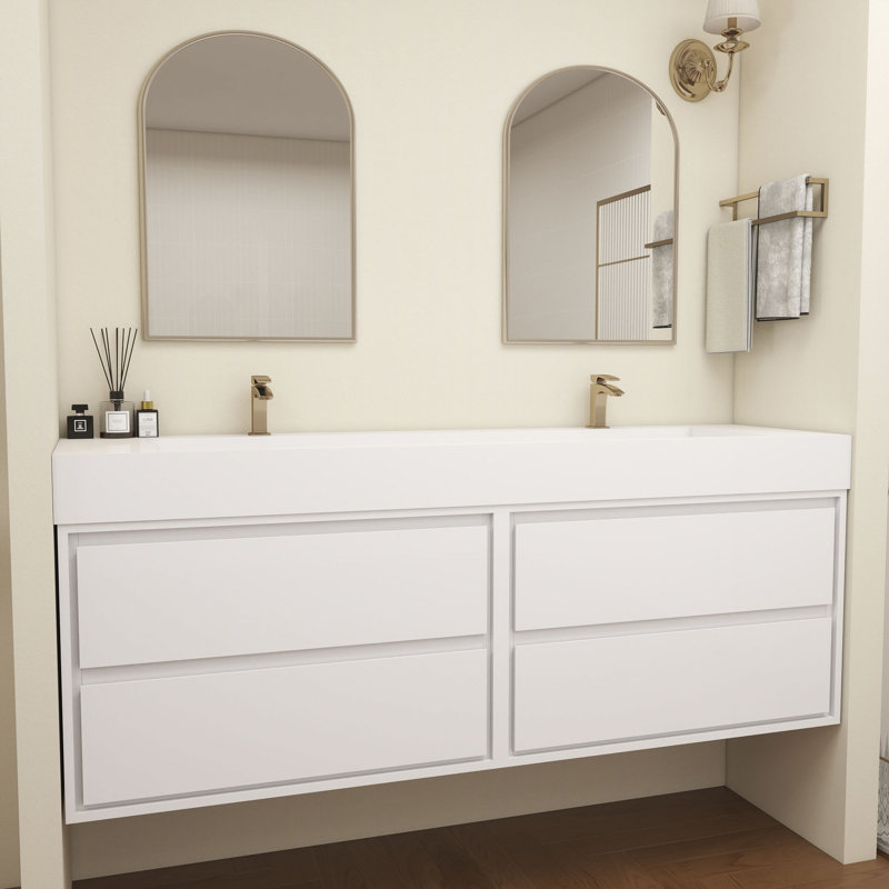 Meuble-lavabo mural double en teck et évier en acrylique 84 po Victoria, Blanc lustré