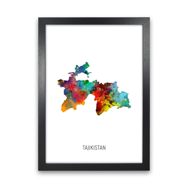 Tajikistan Watercolour Map by Michael Tompsett - Print, 88cm H x 64cm W x 3cm D, Black Framed
