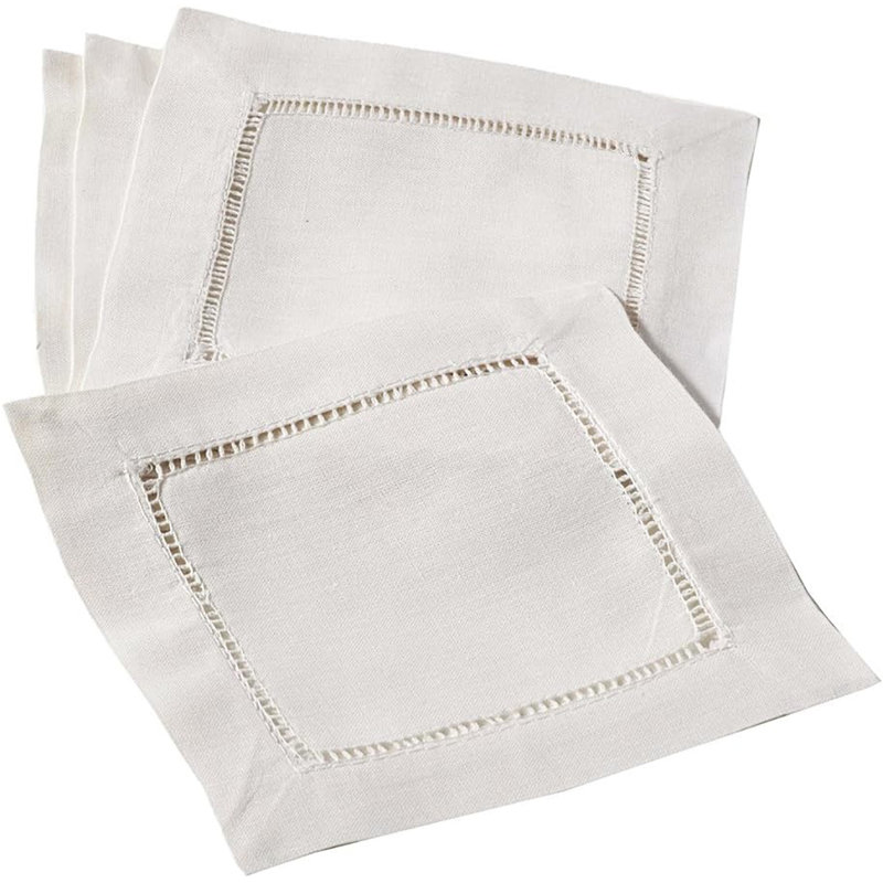Classic Hemstitch Design Linen Cotton Cocktail Cloth Napkins , Set Of 4, Ecru, 6" W x 6" L