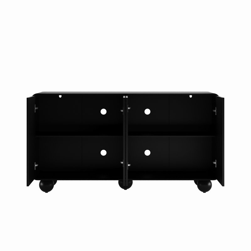 Buffet 59 po et console de télévision, rangement avec coins arrondis lisses, portes d'armoire texturées en nid d'abeille distinctives, pieds en forme de sphère, panneau avant élégant, look géométrique contemporain, noir