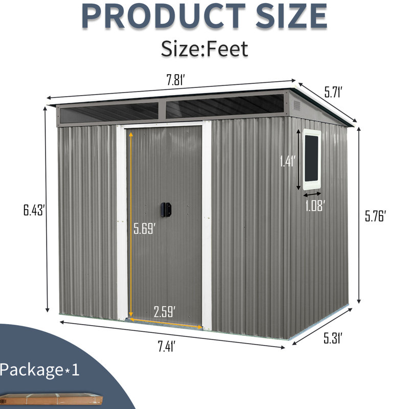 8 Ft X 6 Metal Shed For Garden With Inclined Slope Roof & Anchor - Stable (gray Storage Unit Galvanized Steel Panels
