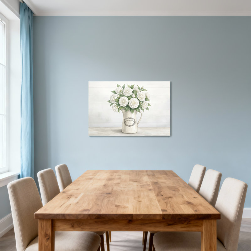 Plantes et fleurs roses blanches en cruche rétro sur fond de bois, H 28 po x l 40 po