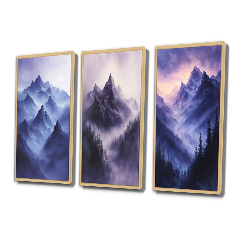 Misty Peaks In The Twilight III - Collection d'art mural paysage de montagnes, H 28 po x l 36 po, Cadre crème crème