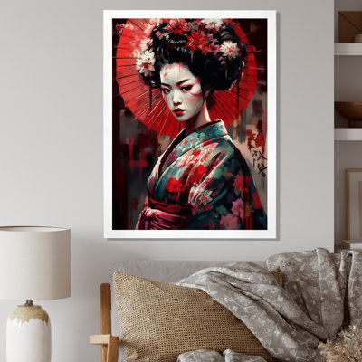 Geisha japonaise élégante en noir et rouge - Imprimé