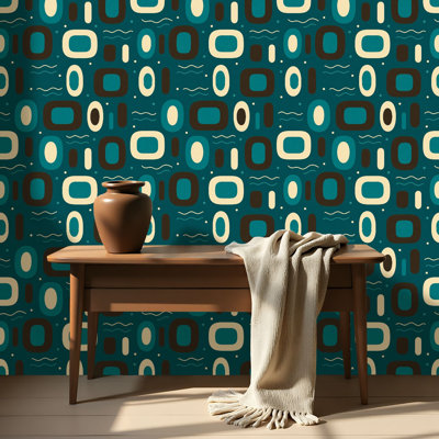 Papier peint auto-adhésif à motifs géométriques ovales rétro sarcelle auto-adhésif et amovible 17,7 po x 118 po (45 x 300 cm)