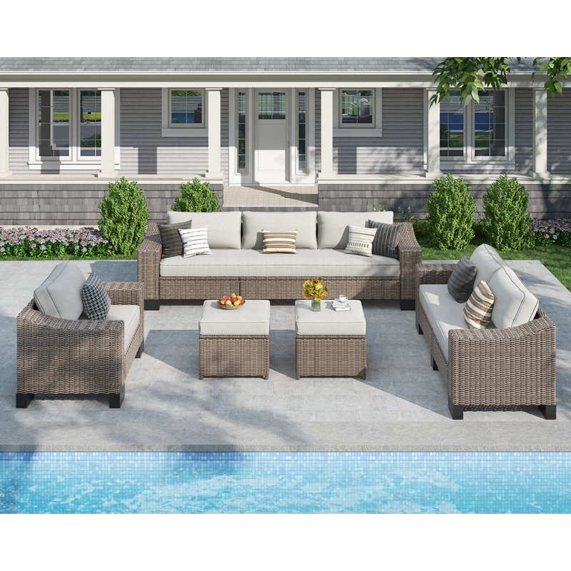 5 Piece Rattan Outdoor Sectional Seating Group with Cushions
