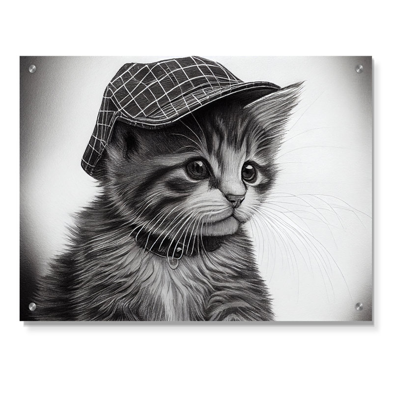 Monchrome, dessin numérique de petit chaton - art mural acrylique pour chat pour la cuisine, H 12 po x l 20 po