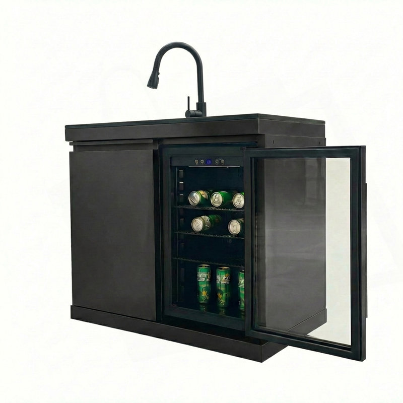 Sink And Fridge Combo For Outdoor Kitchen, 70L Refrigerator And Sink With Pull-Down Faucet, Brushed SS And Black Granite Countertops, All-In-One BBQ Island Cleaning Station (Black)