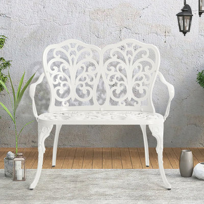 Patio Garden Bench Metal Park Bench Cast Aluminum With Floral Rose Design For Outdoor Use In Patio, Park, Lawn, Yard