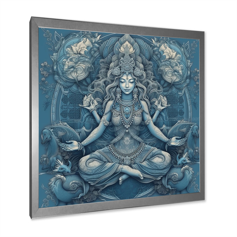 Divine déesse Yogini en bleu divin I - impressions d'art mural de yoga, H 30 po x l 30 po x P 1 po, Cadre simple argenté