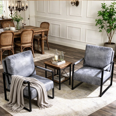 Set of 2 Mid Century Modern Accent Chair with Sturdy Square Metal Frame & Premium Spot-Resistant Microfiber Upholstery,  – Versatile Armchair for Living Room, Bedroom, Office Décor
