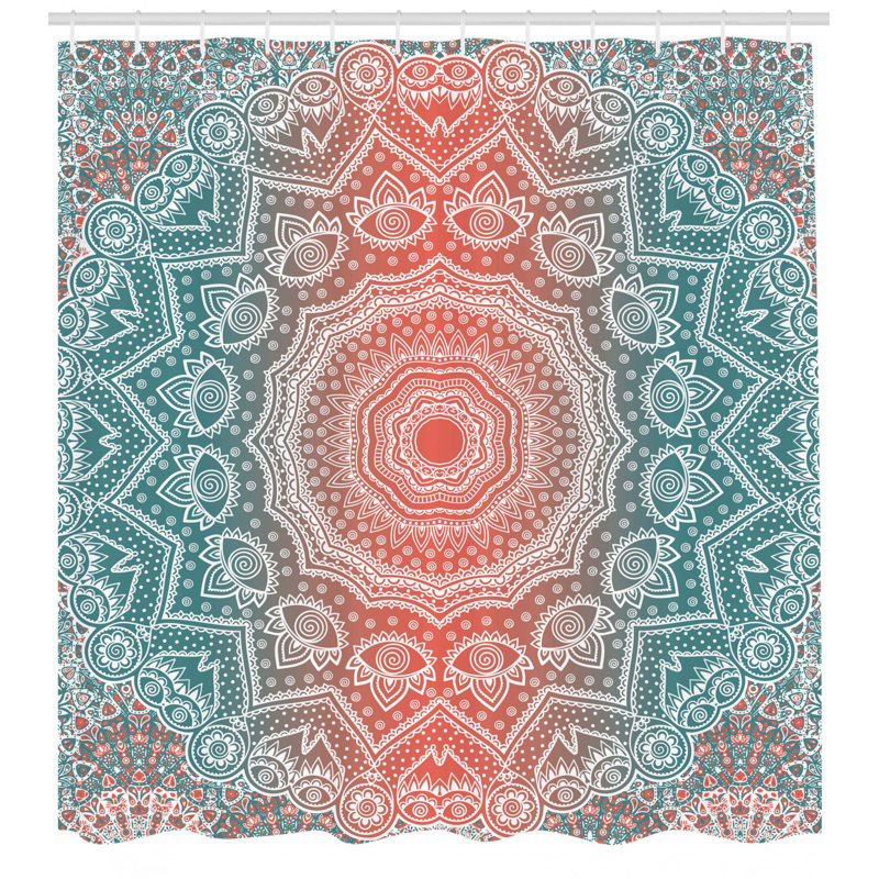 Rideau de douche Cormac Mandala, H 75 po x l 69 po, Bleu sarcelle / Corail