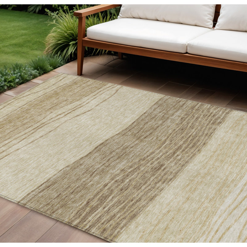 8' X 10' Beige Brown And Taupe Striped Washable Indoor Outdoor Area Rug